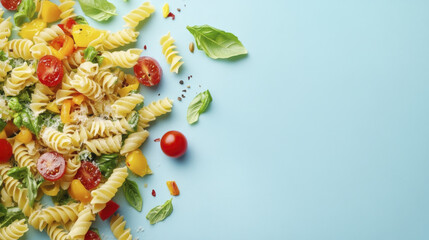 Fresh pasta salad with colorful vegetables on light blue background, showcasing vibrant ingredients like tomatoes, basil, and bell peppers, creating delightful and appetizing scene