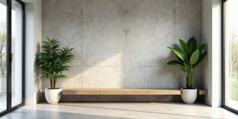 Modern minimalist interior design showcasing a sleek wooden bench and potted plants against a textured concrete wall, bathed in sunlight streaming through large windows.
