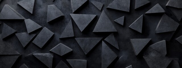 Photo of Black Background with Scattered Geometric Shapes for Design, Featuring White Space in the Center for Text. Ideal for Banner Templates and Digital Projects. Minimalist Wallpaper.