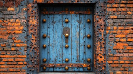 Naklejka premium Weathered blue door, brick wall, urban decay, historical architecture, design texture