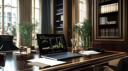 Fototapeta premium Luxurious Office Desk with Laptop Displaying Stock Market Data and Financial Charts