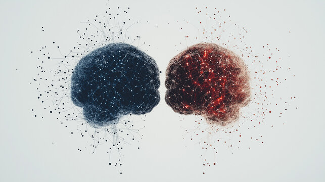 Clash of Minds: Abstract 3D rendering of two brains, one blue and one red, facing each other, seemingly clashing or merging, with particles exploding outwards, symbolizing conflict or collaboration. 
