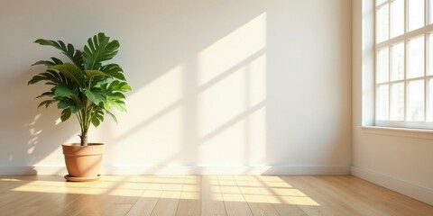 Sunlight streams through a window illuminating a minimalistic room with a potted plant and hardwood floors
