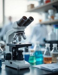 Professional laboratory microscope with glass beakers and chemical solutions in the background