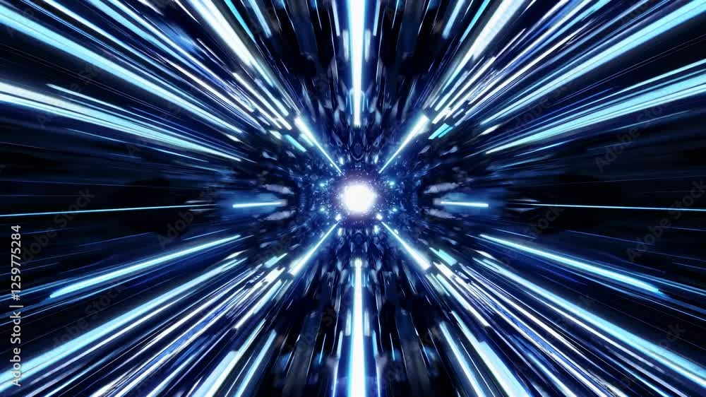 Poster dynamic video concept with a futuristic style, featuring a first-person view of a light-speed tunnel