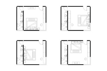 2 dimension of layout bedroom with bathroom options of interior design plan, black lines on white background, isolated. Set 40