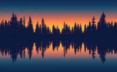 Sunset Serenity: Majestic Pines Mirrored in Tranquil Lake