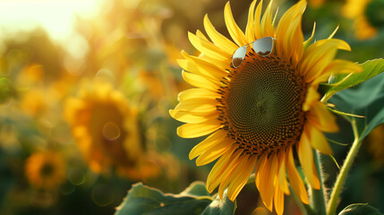 Fototapeta premium A playful macro shot of a sunflower wearing tiny sunglasses, exuding confidence and happiness with its vibrant yellow petals and cheerful expression.