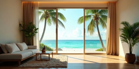 Fototapeta premium Serene Coastal Living Room with Ocean View and Sliding Glass Doors