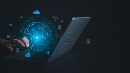 Digital technology, Internet network connection, Big data, Digital marketing IoT internet of things, Human hand using computer connect to information on the cloud computing technology storage network.