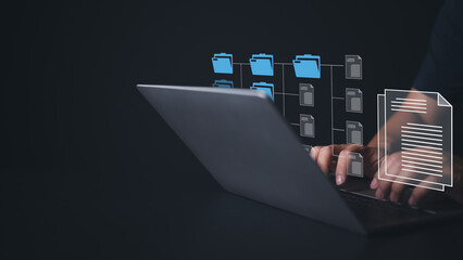 Document management system on computer with document directory. Archiving, Finding, and managing business file information software. Document electronic storage platform technology for the company.
