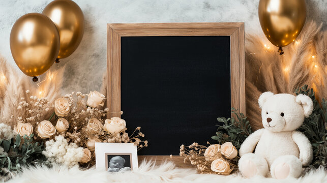 Baby Shower Chalkboard Mockup: Elegant neutral-toned baby shower announcement mockup featuring a blank chalkboard, gold balloons, teddy bear, dried flowers, and a tiny ultrasound image.