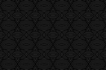 Geometric black background, tribal cover design, banner. Abstract 3D pattern, embossing, relief texture. Ethnic ornaments, arabesques, mandala of the East, Asia, India, Mexico, Aztec, Peru.