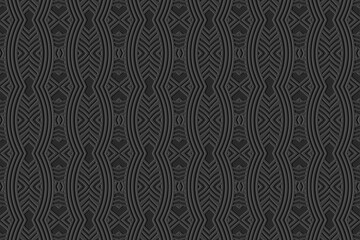 Geometric black background, tribal cover design, banner. Artistic 3D pattern, embossing, relief texture. Ethnic ornaments, arabesques, mandala of the East, Asia, India, Mexico, Aztec, Peru.