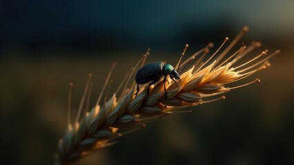 Fototapeta premium A tiny iridescent beetle gracefully traverses a sunlit stalk of grain, its journey a testament to nature's intricate beauty and the delicate balance of the ecosystem.