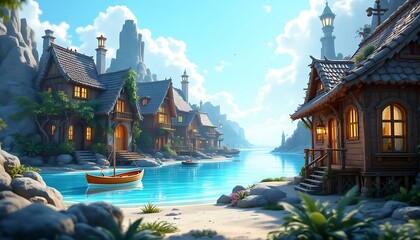 Obraz premium Coastal Village with Boat on Turquoise Water and Traditional Architecture