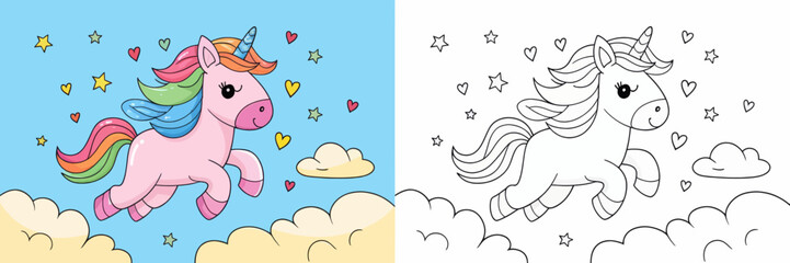 Colorful and black and white unicorn coloring page design