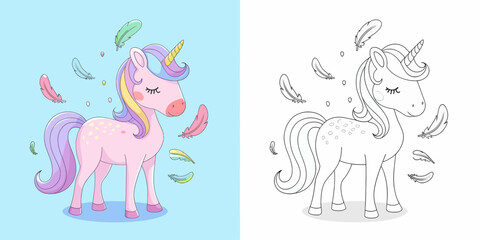 Fototapeta premium Cute Unicorn Coloring Page Pair for Kids