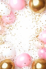 Festive Light background with pink and gold balloons. Background for a birthday or other celebration.