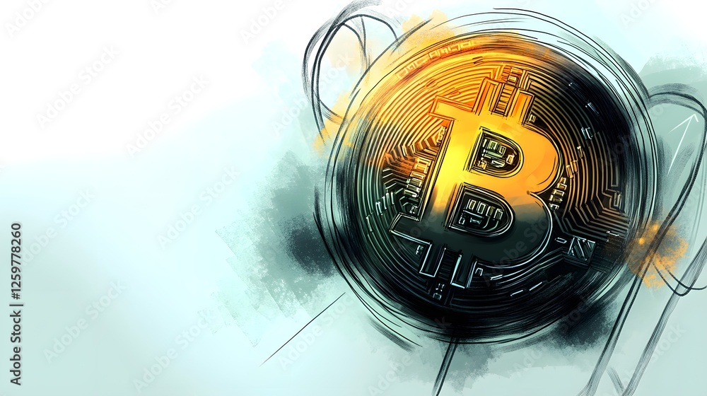 Poster artistic representation of bitcoin coin with textured background elements
