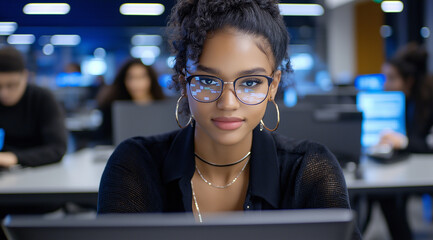 A photograph of an African American female student coding in front of her laptop at the computer lab, wearing glasses and a black shirt. The background is blurred with other studen