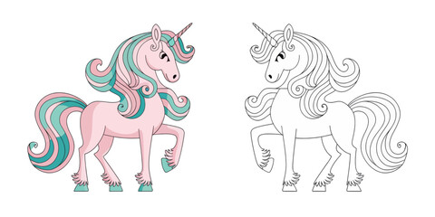 Fototapeta premium A vibrant pink unicorn with teal accents and its corresponding black and white outline.