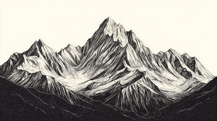 an engraved mountain illustration in black and white