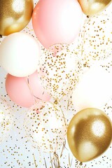 Festive Light background with pink and gold balloons and golden confetti. Background for a birthday or other celebration.