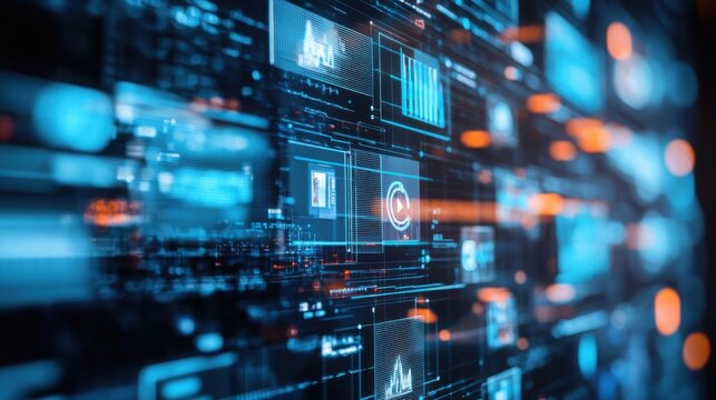 Futuristic Digital Data Stream Interface Abstract Technology Background with Glowing Blue and - Powered by Adobe