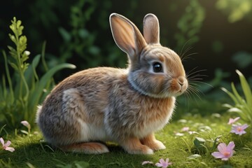Fototapeta premium there is a rabbit sitting in the grass with flowers in the background