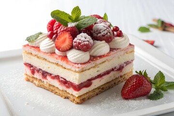 Delicious Layered Cake Slice with Vanilla Cream, Raspberry Coulis, and Fresh Berries on a Pure White Background