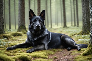 Naklejka premium there is a black dog laying in the woods with moss