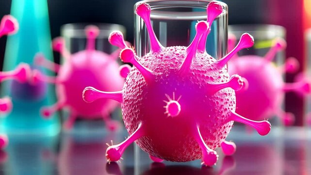 Pink virus is sitting in a glass. The virus is surrounded by other pink objects. Scene is playful and lighthearted
