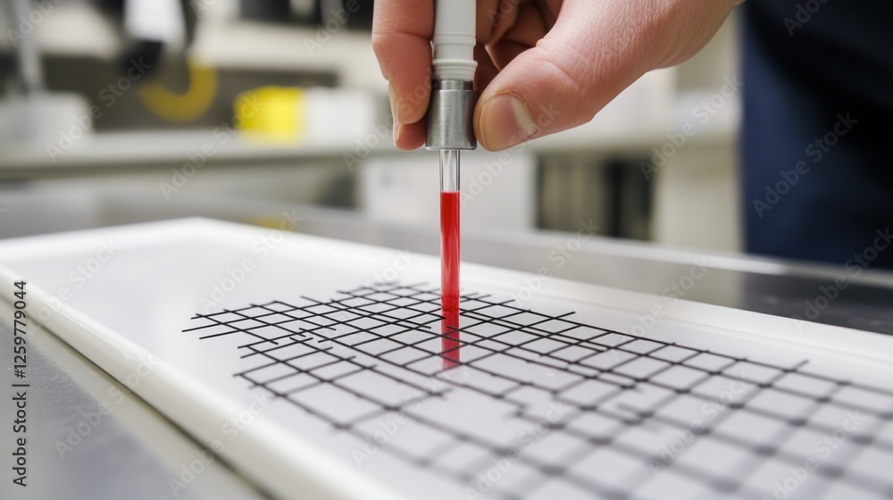 Poster precise dispensing of red liquid onto a gridded surface in a laboratory setting