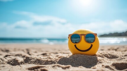 a smiley face emoji with sunglasses sitting on a sandy beach