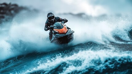 A jet ski race across the waves, powerful machines racing through the water, spray flying behind them
