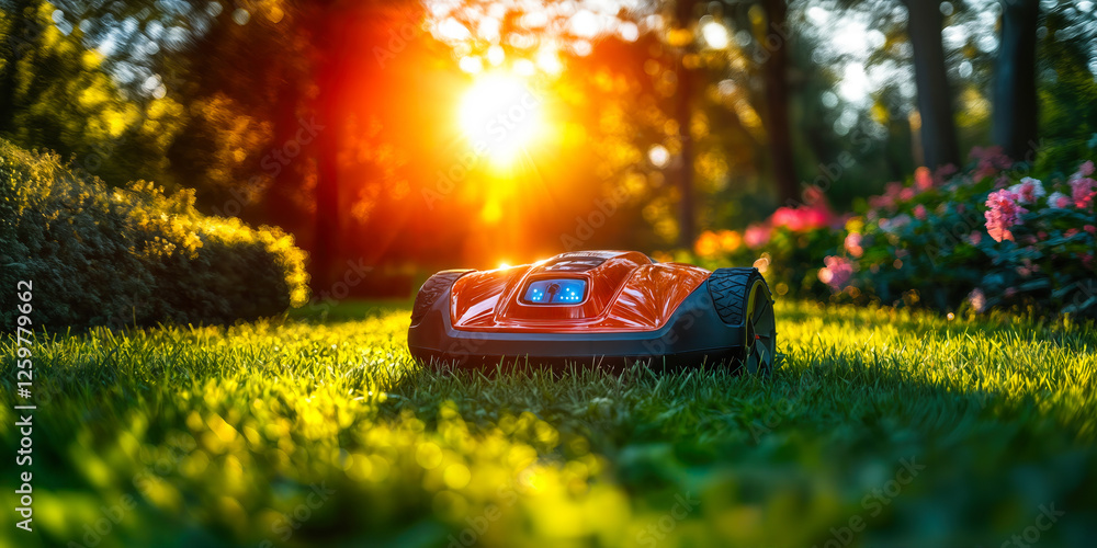 Poster ai-powered robotic lawn mower at sunset in garden showcasing advanced machine learning automation in