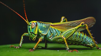macro view of a green grasshopper from the side.