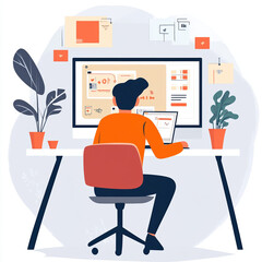 Home Office Workspace Illustration with Professional at Desk and Digital Screen Setup