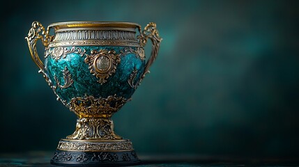 Ornate teal vase, gold accents, dark background, awards ceremony
