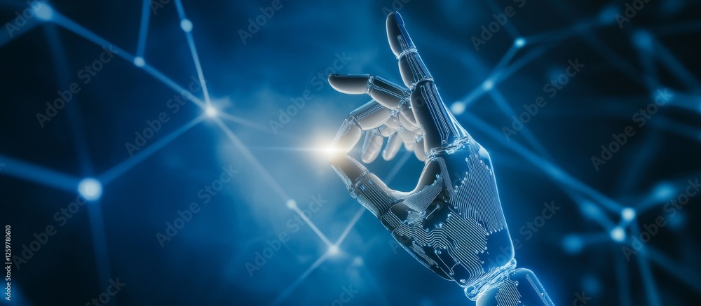 Poster robot hand touching ai circuit with digital data background