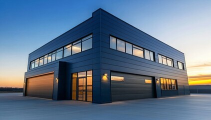 Modern Navy Blue Warehouse with Steel Doors and Large Windows, Illuminated by Warm Sunset Lighting