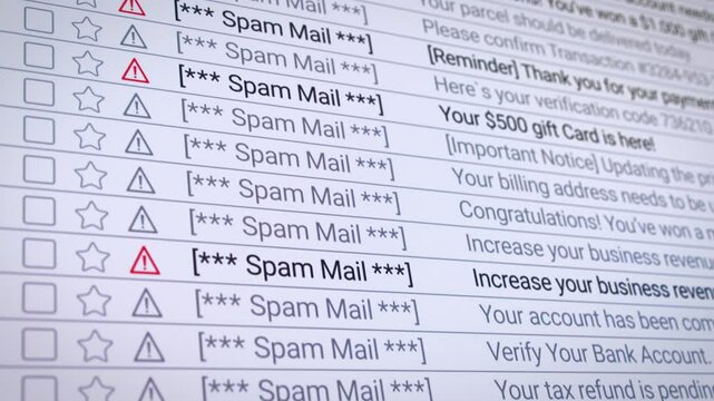 Video animation of a scrolling list in the internet browser with detected spam emails - seamless loop in close-up.