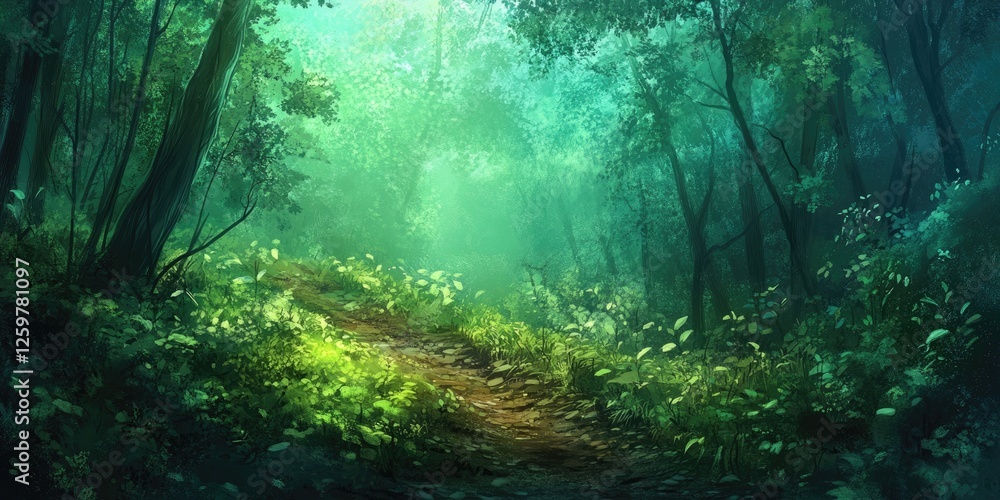 Poster mystical forest trail with vibrant green foliage and ethereal light filtering through trees creating