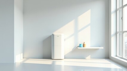 Fototapeta premium Modern minimalist kitchen design featuring a sleek white refrigerator and a simple shelf with containers