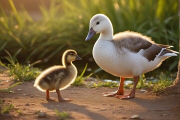 Obraz premium there are two ducks standing next to each other on a dirt road