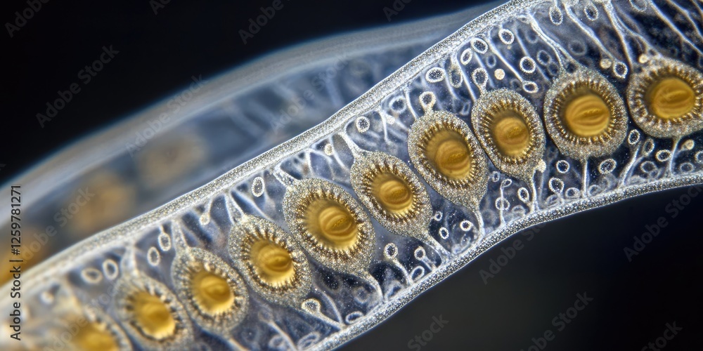 Aufkleber intricate close-up of translucent plant structure showcasing golden seeds arranged in a linear patte