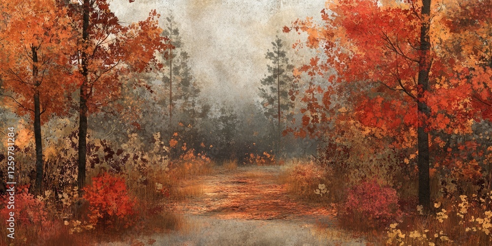 Poster vibrant autumn forest scene with deep red and orange foliage in the foreground complemented by muted