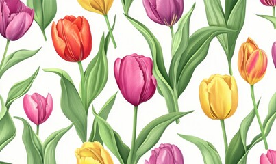 Fototapeta premium Colorful tulips seamless pattern, spring floral design, nature background, for fabric prints