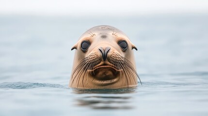 Obraz premium A curious seal emerges from the water, showcasing its playful nature and adorable features against a serene ocean backdrop.